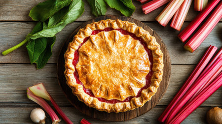 Close-up of a freshly baked rhubarb pie with a flaky crust and vibrant filling, placed on a rustic wooden table.の素材