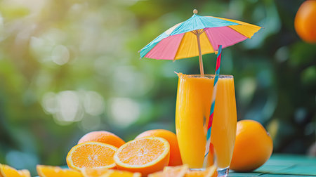 Close-up of a freshly squeezed orange juice with a colorful umbrella and straw, placed on a bright summer table with sliced oranges.の素材