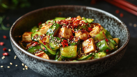 Close-up of a dish of bitter gourd stir-fry with tofu and chili flakes, served in a ceramic bowl on a dark background.の素材