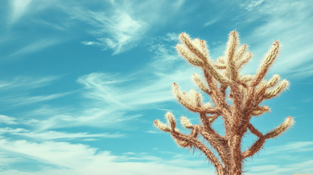 Close-up of a dried-up cactus in a desert, leaving plenty of copy space in the sky above.の素材
