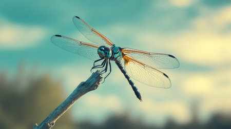 Close-up of a dragonfly on a twig with a wide, blurred sky in the background for text placement.の素材