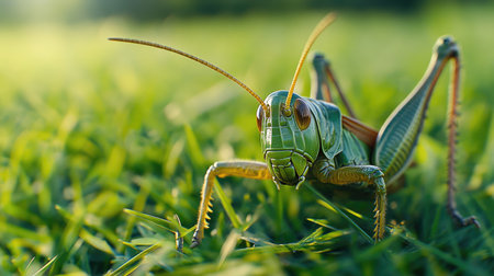 Close-up of a grasshopper on a grassy field, with plenty of room for copy in the top portion of the imageの素材