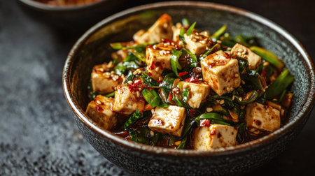 Close-up of a dish of bitter gourd stir-fry with tofu and chili flakes, served in a ceramic bowl on a dark background.の素材