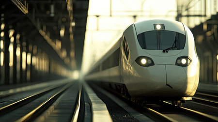 Close-up of a high-speed train front end with a blurred background, providing plenty of room for text or design.の素材