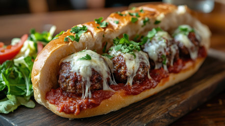 Close-up of a hearty meatball sub with marinara sauce and melted cheese, served on a rustic wooden board with a side salad.の素材