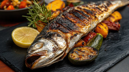 Close-up of a grilled whole fish with charred edges, set on a dark slate surface with a side of roasted vegetables and a lemon slice.の素材