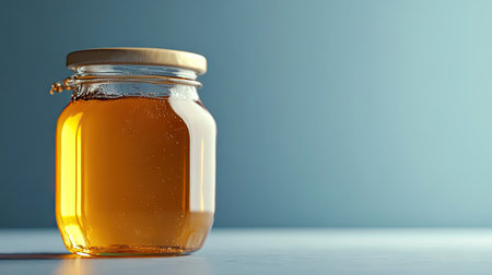 Close-up of a jar of honey with a simple, clear background providing ample room for copy.の素材