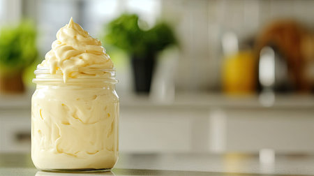 Close-up of a jar of mayonnaise with a clean kitchen counter background providing space for text.の素材
