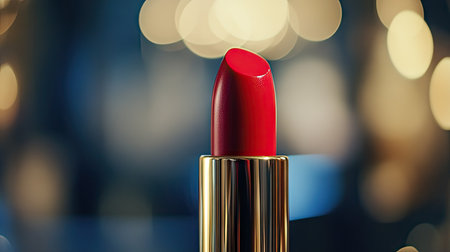 Close-up of a lipstick in a high-fashion setting with a blurred background for ample copy space.の素材