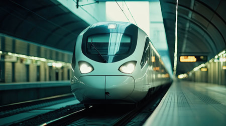 Close-up of a high-speed train front end with a blurred background, providing plenty of room for text or design.の素材