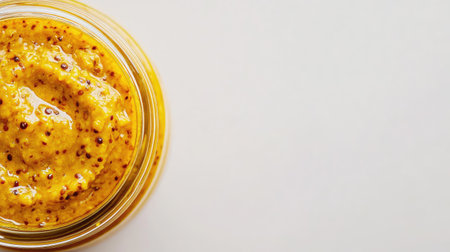 Close-up of a jar of mustard with a clean, white background providing ample space for text on the right.の素材