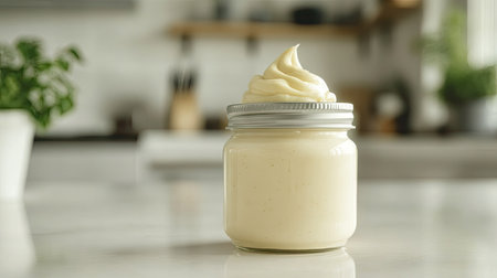 Close-up of a jar of mayonnaise with a clean kitchen counter background providing space for text.の素材