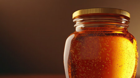 Close-up of a jar of honey with a simple, clear background providing ample room for copy.の素材