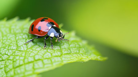 Close-up of a ladybug on a green leaf, with a large open background area for text. -の素材