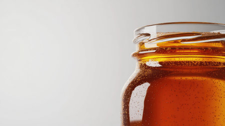Close-up of a jar of honey with a simple, clear background providing ample room for copy.の素材