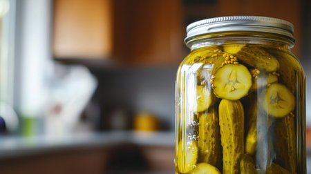 Close-up of a jar of pickles with a blurred kitchen background, leaving space on the right for copy.の素材