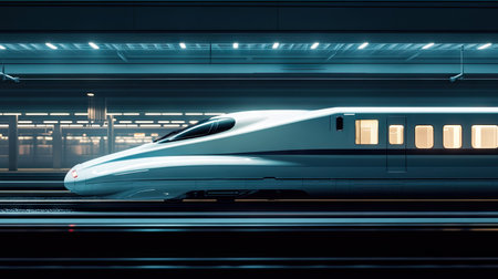 Close-up of a high-speed train sleek exterior with a minimalist background for ample copy space.の素材