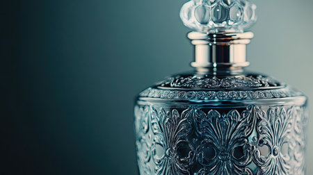 Close-up of a perfume bottle with an intricate design, with a clean, spacious background for text or brandingの素材