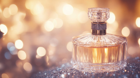 Close-up of a luxury perfume bottle with a shimmering background, providing ample space for text or design.の素材