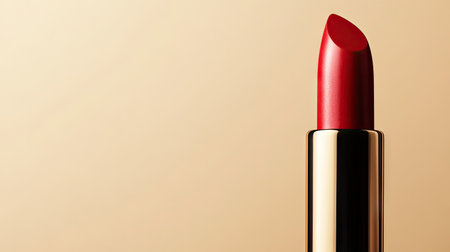 Close-up of a lipstick with its cap off, placed on a simple background with plenty of space for text.の素材
