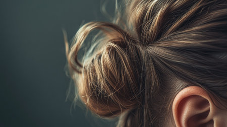 Close-up of a messy bun, with space on the right side for text or other design elements.の素材