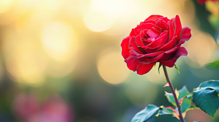 Close-up of a red rose with a clean, blurred background, providing ample space on the right side for text or logos.の素材