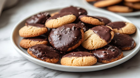 Close-up of a plate of chocolate-dipped cookies, with some partially covered and others fully dipped, set on a marble countertop.の素材