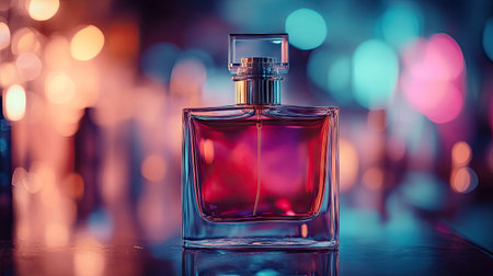 Close-up of a perfume bottle with a high-contrast label, with a blurred background providing ample room for text.の素材
