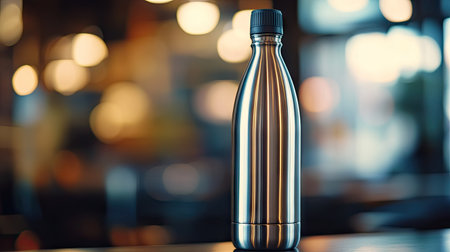 Close-up of a reusable water bottle with a metal finish against a blurred background, leaving space for copy.の素材