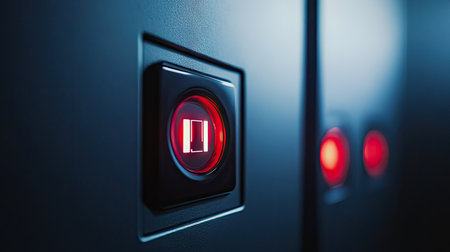 Close-up of a power switch on a control panel, with a clean background above for text.の素材