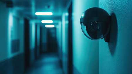 Close-up of a rotating CCTV camera in a dimly lit hallway, with copy space to the left.の素材