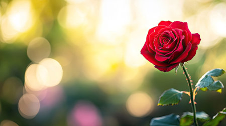 Close-up of a red rose with a blurred garden background, offering a generous space on the left for advertising or promotional content.の素材