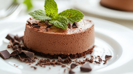 Close-up of a rich and creamy chocolate mousse with a garnish of fresh mint leaves and a few chocolate shavings on a white plate.の素材