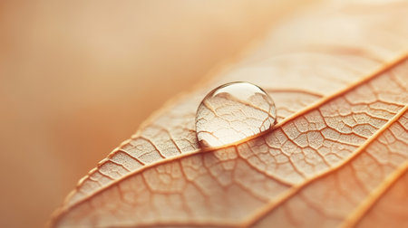 Close-up of a single droplet resting on a leaf vein, with a soft-focus background creating copy space for text or logos.の素材
