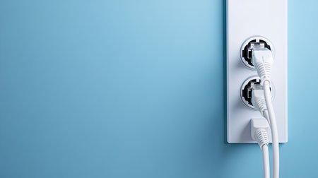 Close-up of a power strip with plugs inserted, with plenty of copy space on the right.の素材