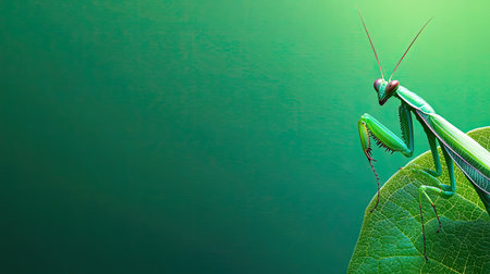 Close-up of a praying mantis on a leaf, with a clean, empty space to the right for copy.の素材