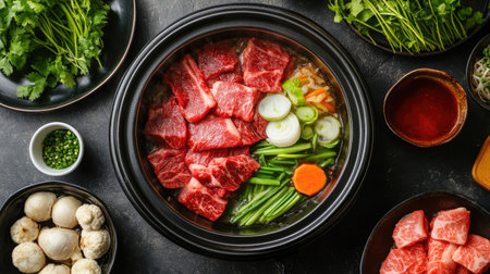 Close-up of a Shabu-Shabu hot pot with beef and vegetables cooking, with bowls of dipping sauces and garnishes on the side.の素材