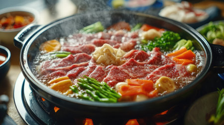 Close-up of a Shabu-Shabu hot pot with beef and vegetables cooking, with bowls of dipping sauces and garnishes on the side.の素材