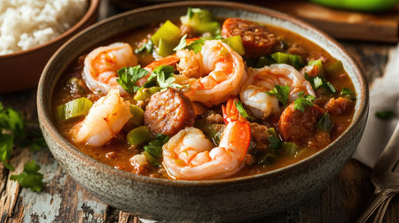 Close-up of a seafood gumbo with shrimp, sausage, and okra, served in a bowl with a side of rice on a rustic wooden table.の素材