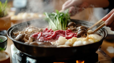 Close-up of a Shabu-Shabu meal with ingredients like beef, vegetables, and mushrooms being cooked in a hot pot, served with sauces.の素材