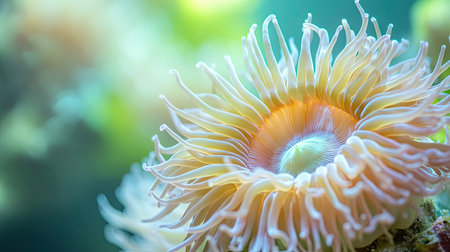 Close-up of a sea anemone with a soft-focus background and plenty of copy space on the right for text or product details.の素材