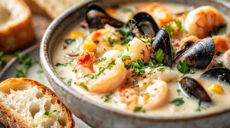 Close-up of a seafood chowder with shrimp, crab, and mussels, topped with fresh herbs and served with a side of bread.の素材