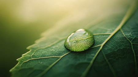 Close-up of a single droplet resting on a leaf vein, with a soft-focus background creating copy space for text or logos.の素材