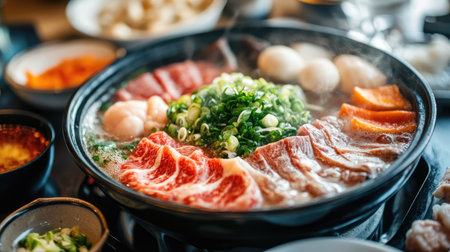 Close-up of a Shabu-Shabu hot pot with meat and vegetables cooking in the broth, served with a variety of dipping sauces and garnishes.の素材