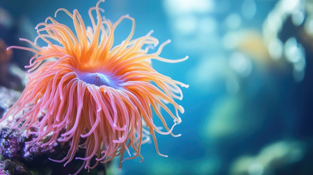 Close-up of a sea anemone with delicate tentacles and a blurred underwater background, offering plenty of copy space on one side.の素材