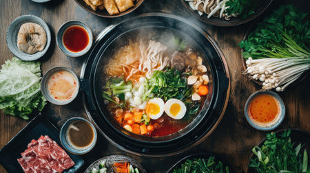 Close-up of a Shabu-Shabu hot pot with various ingredients cooking, surrounded by plates of fresh vegetables and dipping sauces.の素材