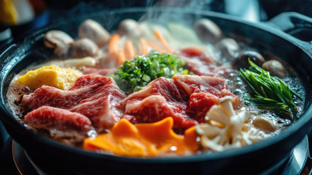 Close-up of a Shabu-Shabu meal with ingredients like beef, vegetables, and mushrooms being cooked in a hot pot, served with sauces.の素材