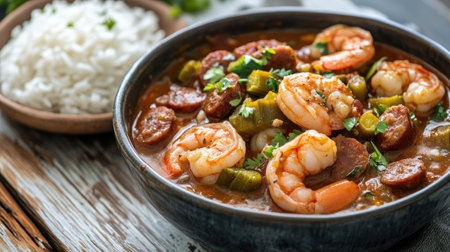 Close-up of a seafood gumbo with shrimp, sausage, and okra, served in a bowl with a side of rice on a rustic wooden table.の素材