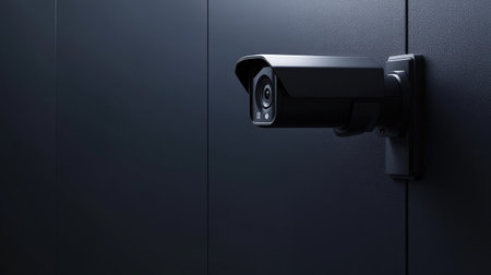 Close-up of a sleek black closed-circuit camera against a metallic surface, with ample blank space for text or logos on the side.の素材