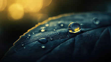 Close-up of a single water droplet on a textured leaf, with a blurred background creating ample space for copy or promotional material.の素材